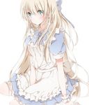  apron arm_support blonde_hair blue_bow blue_dress blue_eyes blue_neckwear blush bow bowtie closed_mouth dress from_side hair_bow hiro_(hirohiro31) kneehighs long_hair looking_at_viewer looking_to_the_side original petticoat puffy_short_sleeves puffy_sleeves short_sleeves sitting solo white_background wrist_cuffs 