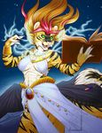  anthro book clothed clothing cybercat feline female fur hair lightning magic mammal navel open_mouth outside smile solo 