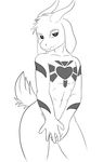  2016 5_fingers anthro asriel_dreemurr balls bedroom_eyes black_and_white boss_monster caprine covering covering_crotch covering_self digital_media_(artwork) edit fluffy fluffy_tail fur goat half-closed_eyes hi_res horn humanoid_penis long_ears looking_at_viewer maapa male mammal monochrome nude penis seductive simple_background smile solo standing teasing undertale video_games white_background white_fur 