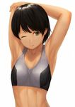  armpits black_hair collarbone green_eyes highres looking_to_the_side one_eye_closed original ranma_(kamenrideroz) short_hair simple_background solo sports_bra white_background 