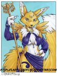 anthro clothed clothing cybercat digimon feathers female fur looking_at_viewer renamon smile solo staff wide_hips 