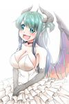  :d akahito_(kemoyuru) bare_shoulders breasts chione_(monster_musume) choker cleavage collarbone cowboy_shot dress eyebrows eyebrows_visible_through_hair eyes_visible_through_hair fang gargoyle green_eyes green_hair highres horns jewelry large_breasts long_hair monster_girl monster_musume_no_iru_nichijou monster_musume_no_iru_nichijou_online open_mouth ring simple_background smile solo wedding_band wedding_dress white_background wings 