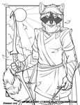  anthro archery clothed clothing cybercat looking_at_viewer male mammal monochrome raccoon smile solo tongue tongue_out 