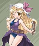  alternate_costume belt blonde_hair blush bow breasts closed_fan collarbone colored_eyelashes dress fan folding_fan hand_on_hip hat hat_bow long_hair looking_at_viewer medium_breasts one-piece_swimsuit one_eye_closed open_clothes open_dress purple_dress single_strap smile solo sun_hat swimsuit thighs touhou very_long_hair watatsuki_no_toyohime winn 