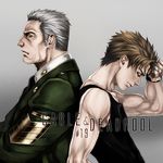  age_comparison back-to-back bad_id bad_pixiv_id brown_hair cable_(marvel) dual_persona from_side frown furayu_(flayu) grey_hair male_focus marvel military military_uniform multiple_boys muscle tank_top uniform upper_body x-men younger 