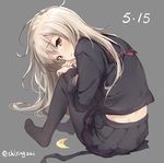  black_legwear black_serafuku black_skirt blonde_hair blush brown_eyes chiyingzai crescent crescent_moon_pin crying eyebrows eyebrows_visible_through_hair grey_background hands_on_own_knees kantai_collection kikuzuki_(kantai_collection) knees_together_feet_apart leaning_forward long_hair looking_at_viewer looking_back messy_hair no_shoes pantyhose school_uniform serafuku simple_background sitting skirt solo tearing_up tears twitter_username 