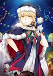  &gt;_&lt; :d artoria_pendragon_(all) blonde_hair breasts cape choker christmas_lights closed_eyes fate/grand_order fate_(series) fur-trimmed_cape fur_trim gift gloves hand_on_hip hat highres jingzhongyin medium_breasts open_mouth pantyhose sack santa_alter santa_hat smile solo xd yellow_eyes 