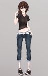  belt belt_buckle black_shirt breasts brown_eyes brown_hair buckle collarbone full_body grey_background groin hand_in_pocket hand_on_shoulder hand_up highres looking_at_viewer midriff navel open_mouth original pants pigeon-toed ru_no shirt shoes short_hair sidelocks simple_background small_breasts smile sneakers solo standing white_belt 