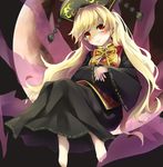  barefoot blonde_hair crescent crescent_moon dress hat junko_(touhou) long_hair moon piyodesu red_eyes sitting_on_moon smile solo tabard touhou wide_sleeves 