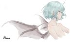  ahoge artist_name bat_wings body_blush closed_mouth collarbone eyebrows eyebrows_visible_through_hair flat_chest lavender_hair nude pointy_ears profile red_eyes remilia_scarlet ru_no short_hair signature simple_background solo spread_wings touhou upper_body white_background wings 