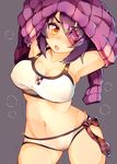  armpits arms_up bad_id bad_pixiv_id bikini blush breasts checkered checkered_neckwear cleavage contrapposto covered_nipples cowboy_shot eyepatch gakushiki kantai_collection large_breasts looking_at_viewer navel necktie purple_hair short_hair simple_background solo standing sweater swimsuit taut_bikini taut_clothes tenryuu_(kantai_collection) undressing white_bikini yellow_eyes 