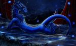  anthro bare_back blue_eyes blue_hair breasts digital_media_(artwork) dragon eastern_dragon hair isvoc night nude outside side_boob sky solo star starry_sky water 