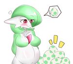  ! &lt;3 big_breasts breasts egg female gardevoir green_hair green_skin hair hair_over_eye hands_behind_back multicolored_skin nintendo not_furry pok&eacute;mon pregnant red_eyes sana!rpg smile solo speech_bubble two_tone_skin video_games white_skin yes!rpg 