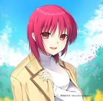  angel_beats! artist_name blazer iwasawa jacket looking_at_viewer open_blazer open_clothes open_jacket open_mouth red_eyes red_hair remotaro short_hair solo sweater turtleneck white_sweater 