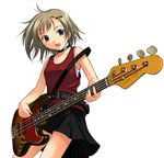  bangs bare_arms bare_shoulders bass_guitar belt black_skirt blue_eyes blush bob_cut brown_hair choker collarbone copyright_request cowboy_shot hair_ornament hairclip honda_naoki instrument looking_at_viewer music open_mouth playing_instrument short_hair simple_background skirt sleeveless smile solo white_background 