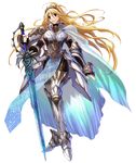 armor blonde_hair blue_eyes cape christianna crown gauntlets greaves hat highres long_hair schmid_diva solo sword weapon 