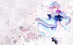  fan hat highres hiiragi_ryou pink_hair red_eyes saigyouji_yuyuko sakurazawa_izumi short_hair solo touhou wallpaper 