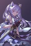  1girl artist_name bangs bare_shoulders blue_bow bow breasts commentary detached_sleeves double_bun dress flower genshin_impact gloves hair_between_eyes hair_bow hair_cones hair_ornament hand_up highres holding holding_sword holding_weapon keqing_(genshin_impact) long_hair looking_at_viewer parted_lips purple_background purple_dress purple_eyes purple_gloves purple_hair qie simple_background small_breasts solo sword twintails weapon white_flower 