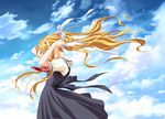  absurdres air black_dress blonde_hair blue_sky cloud cloudy_sky covered_eyes day dress feathers feet_out_of_frame floating_hair from_side hair_ribbon hair_undone hands_up highres kamio_misuzu kobayashi_akemi long_hair motion_blur parted_lips pinafore_dress red_neckwear ribbon school_uniform short_sleeves sidelocks sky solo standing untying very_long_hair white_ribbon wind 