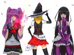  black_hair blonde_hair hat houraisan_kaguya kirisame_marisa long_hair patchouli_knowledge purple_hair red_eyes thigh-highs touhou twintails white 