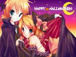  1girl blonde_hair blush brother_and_sister cape grin halloween happy_halloween hat highres kagamine_len kagamine_rin looking_at_viewer meiya_neon siblings smile twins vocaloid 