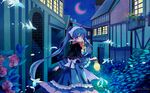  aqua_eyes aqua_hair bow bubble capelet city crescent_moon dress fish flower flying_fish hara_yui hatsune_miku head_scarf highres lantern long_hair looking_back mikumix moon night red_moon reflection rose scenery solo surreal twintails very_long_hair vocaloid wallpaper wet_floor 