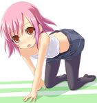  all_fours black_legwear brown_eyes flat_chest kuro_(be_ok) looking_at_viewer midriff miniskirt open_mouth original pantyhose pink_hair short_hair skirt solo 