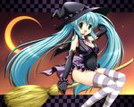  aqua_hair broom broom_riding cape gloves green_eyes halloween hat hatsune_miku headset long_hair sidesaddle solo suzui_narumi thighhighs twintails very_long_hair vocaloid wallpaper witch witch_hat 