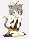  animal_ears antenna_hair bare_shoulders blush cat_ears cat_tail green_eyes grey_hair idolmaster idolmaster_(classic) idolmaster_1 kikuchi_makoto no_nose off_shoulder original simple_background sitting solo tail tsukigami_runa wariza 