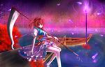  boat flower ghost hair_bobbles hair_ornament highres legs md5_mismatch mugen_soukyuu onozuka_komachi red_eyes red_hair river scythe short_hair solo spider_lily touhou two_side_up watercraft 