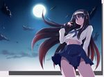  black_hair blue_eyes cloud full_moon gradient_hair hairband highres long_hair moon multicolored_hair navel night red_hair school_uniform skirt smile solo toono_akiha tsukihime white_hairband wind 