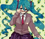  cardigan furai glasses hatsune_miku long_hair necktie school_uniform smile solo twintails vocaloid 