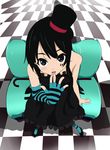  akiyama_mio aqua_legwear bangs bare_shoulders black_eyes black_hair blunt_bangs cane don't_say_&quot;lazy&quot; elbow_gloves finger_to_mouth fingerless_gloves from_above gloves hat highres k-on! long_hair looking_up mini_hat mini_top_hat pantyhose perspective sitting solo sue_(bg-bros) top_hat 