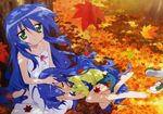  :3 against_tree autumn autumn_leaves barefoot blue_hair dress green_eyes hand_on_another's_head highres izumi_kanata izumi_konata lap_pillow leaf long_hair lucky_star lying mother_and_daughter multiple_girls on_side sakamoto_kazuya shoes_removed shorts sitting sleeping tree very_long_hair white_dress 