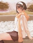  arm_support brown_eyes brown_hair hairband highres kamo_(gafas) looking_at_viewer orange_scarf original scarf short_hair sitting skirt solo water 