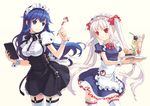  albino arin bad_id bad_pixiv_id blue_eyes blue_hair breasts food frilled_legwear frills h2so4 hands ice_cream kooh large_breasts long_hair maid multiple_girls pangya red_eyes ribbon skirt small_breasts thighhighs twintails white_hair zettai_ryouiki 