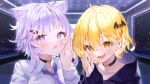  2girls :d ahoge animal_ear_fluff animal_ears bangs bat_hair_ornament black_choker blonde_hair blurry blurry_background blush cat_ears choker collared_shirt commentary_request eyebrows_visible_through_hair fang food-themed_hair_ornament hair_between_eyes hair_ornament highres hololive indoors long_sleeves looking_at_viewer multiple_girls necktie nekomata_okayu onigiri_hair_ornament purple_eyes purple_hair purple_necktie rin31153336 shirt short_hair skin_fang sleeves_past_wrists smile virtual_youtuber white_shirt yellow_eyes yozora_mel 