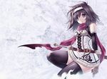  brown_hair fantasy gloves headband highres hirano_katsuyuki original purple_eyes resizing_artifacts scarf solo sword thighhighs weapon zettai_ryouiki 