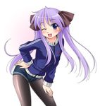  ;d black_legwear blush hiiragi_kagami jacket leaning_forward legwear_under_shorts lucky_star narutaki_shin one_eye_closed open_mouth pantyhose pantyhose_under_shorts purple_hair short_shorts shorts smile solo track_jacket twintails 