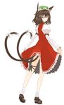  animal_ears brown_eyes brown_hair cat_ears cat_tail chen earrings from_behind hat jewelry multiple_tails short_hair solo tail takaharu touhou 
