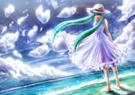  aqua_hair barefoot cloud day dress from_behind hand_on_headwear hat hatsune_miku hyuuga_azuri long_hair ocean sky solo sun_hat twintails very_long_hair vocaloid wading water white_dress wind 