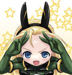  :d animal_ears artist_request black_hairband blonde_hair blue_eyes blush bush double_v elise_von_dietrich fake_animal_ears fang forehead gloves gradient gradient_background green_gloves hairband looking_at_viewer motion_slit open_mouth pilot_suit sky_girls smile solo star starry_background v 