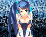  ;d bangs blue_dress blue_eyes blue_hair breasts cleavage collarbone copyright_request cowboy_shot dress gloves headphones large_breasts leaning_forward long_hair looking_at_viewer one_eye_closed open_mouth ponytail round_teeth shirahane_nao side_ponytail sleeveless smile solo teeth very_long_hair 