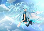  angel_wings aqua_hair blue_eyes cloud day feathers hair_ribbon hatsune_miku jumping long_hair necktie plastick ribbon skirt sky smile solo thighhighs twintails very_long_hair vocaloid wings zettai_ryouiki 
