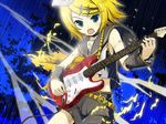  bad_id bad_pixiv_id belt blonde_hair blue_eyes electric_guitar electricity guitar hair_ornament hairpin instrument kagamine_rin lightning_bolt music number open_mouth playing_instrument shiramori_yuse short_hair shorts solo thunder torn_clothes treble_clef vocaloid 