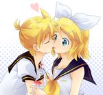  1girl aqua_eyes bad_id bad_pixiv_id blonde_hair brother_and_sister closed_eyes food hair_ornament hair_ribbon hairclip hana_(mew) ice_cream imminent_kiss incest kagamine_len kagamine_rin kiss licking ribbon sailor_collar short_hair siblings tongue twincest twins vocaloid 