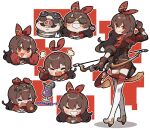  1boy 1girl =3 =_= amber_(genshin_impact) amonitto bangs blush bow_(weapon) brown_eyes brown_hair brown_shorts closed_eyes crossover cup facial_hair genshin_impact goggles goggles_around_neck grin hair_between_eyes hair_ribbon highres holding holding_bow_(weapon) holding_weapon hood hood_down index_finger_raised kurenai_no_buta long_hair long_sleeves mustache open_mouth porco_rosso_(character) red_ribbon ribbon shaded_face shorts shrug_(clothing) simple_background smile snout sweat tears thighhighs vision_(genshin_impact) weapon 