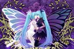  aqua_hair black_vs_white butterfly_wings dual_persona hatsune_miku kneeling long_hair multiple_girls selfcest thighhighs twintails very_long_hair vocaloid wings yutu 