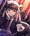  1girl artist_name bangs bell black_hair bonnet card celestia_ludenberg claw_ring danganronpa:_trigger_happy_havoc danganronpa_(series) dated drill_hair earrings frills gothic_lolita hand_up happy_birthday holding holding_card jewelry jingle_bell lolita_fashion long_hair looking_at_viewer mikao_(eanv5385) necktie queen_of_hearts_(card) red_eyes red_necktie shiny shiny_hair smile solo twin_drills twintails 