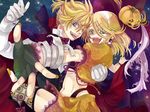  1girl :p aqua_eyes blonde_hair brother_and_sister fang fingerless_gloves gloves hair_ornament hairclip halloween hat jack-o'-lantern kagamine_len kagamine_rin midriff pumpkin short_hair siblings smile tongue tongue_out twins vocaloid witch_hat yamako_(state_of_children) 